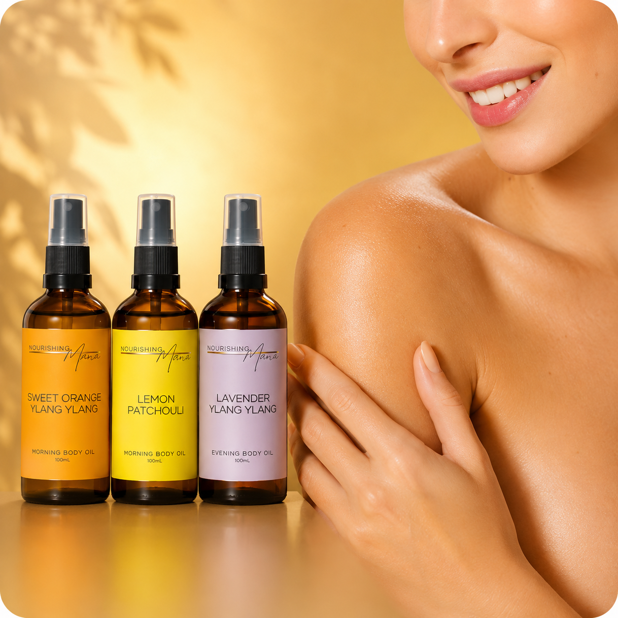 Nourishing Mana Australian-made botanical body oils displayed beside glowing skin, featuring Lemon Patchouli, Lavender Ylang Ylang and Sweet Orange Ylang Ylang blends.