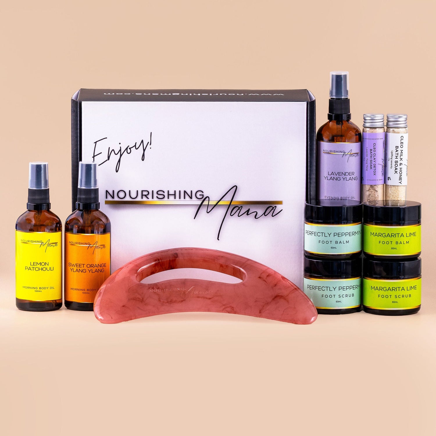 Nourishing Mana body care gift collection featuring body oils, foot care products, bath soaks and a body gua sha.