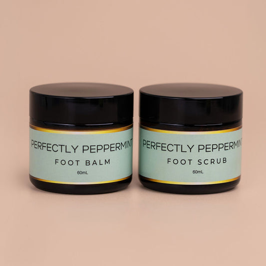 Perfectly Peppermint Foot Reset Bundle featuring a natural foot scrub and foot balm for soft, smooth feet.