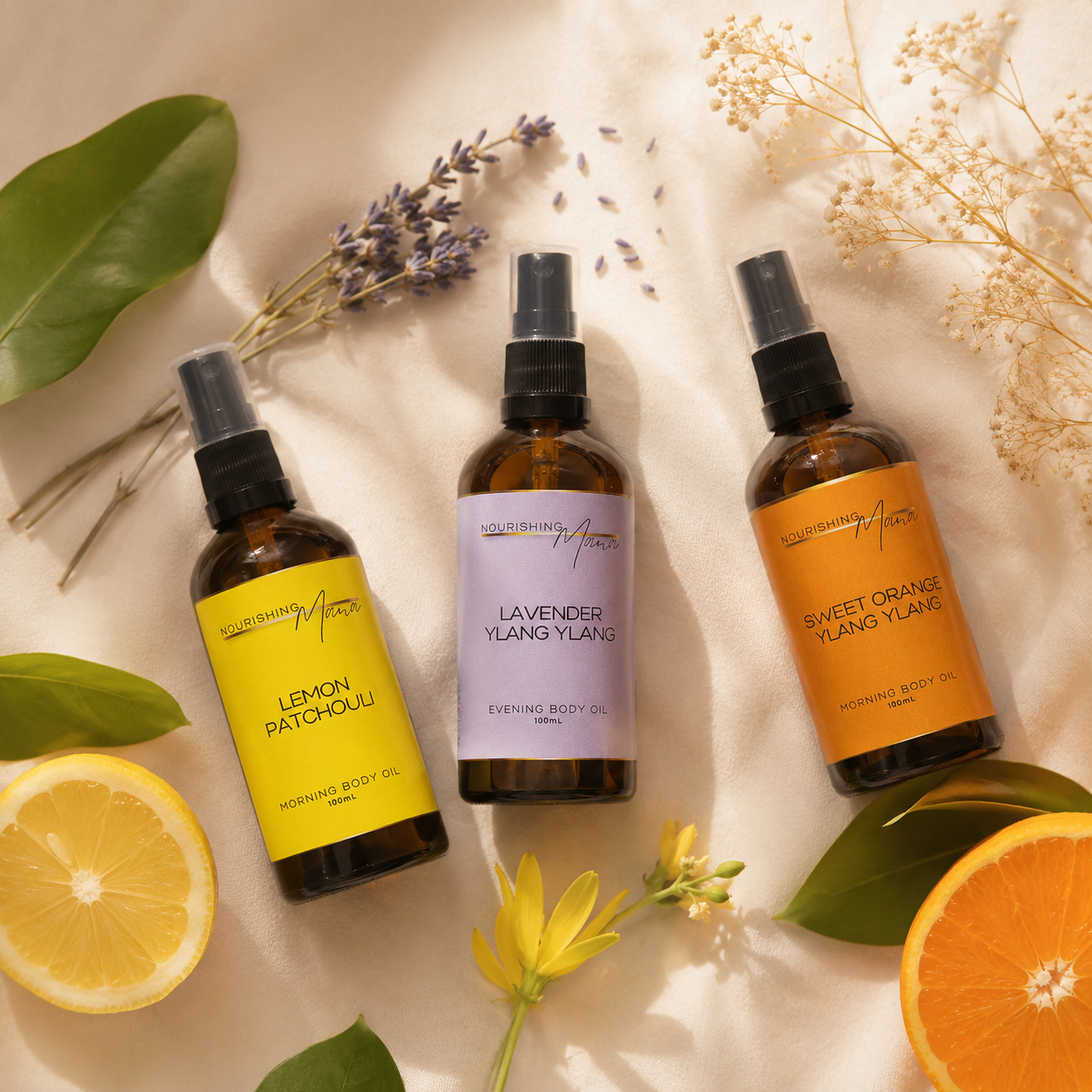Nourishing Mana botanical body oil collection for dry, changing skin, featuring Lemon Patchouli, Lavender Ylang Ylang and Sweet Orange Ylang Ylang Body Oils.