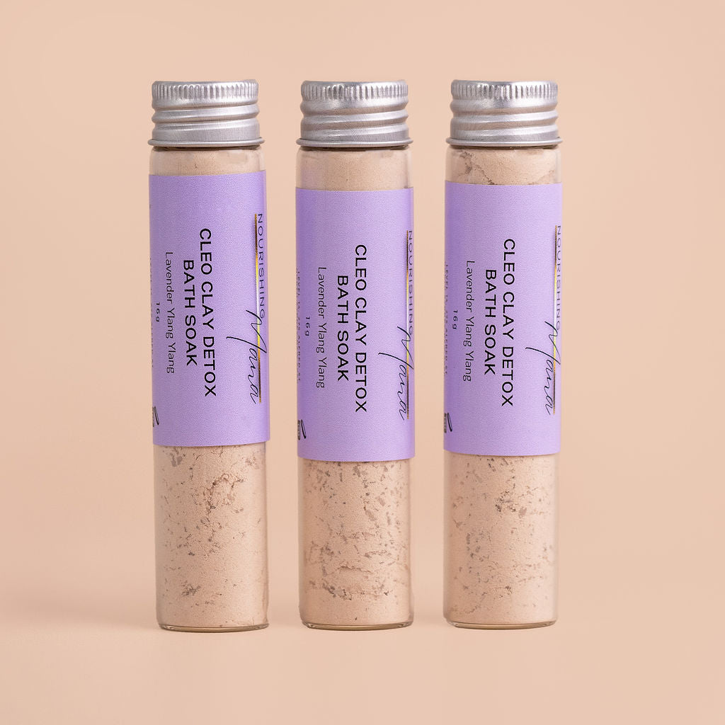Three Cleo Clay Detox Bath Soaks in reusable glass tubes by Nourishing Mana.