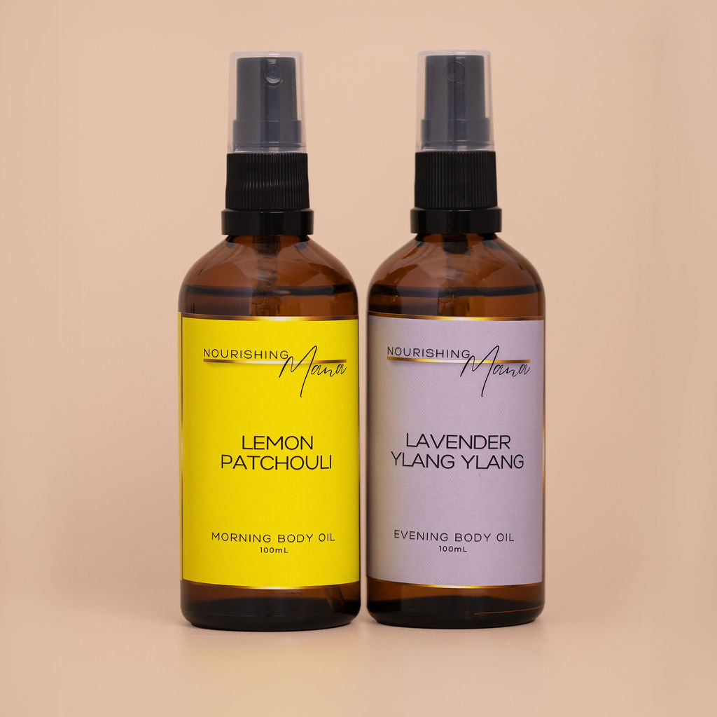 Duo Body Oil Bundle featuring two Nourishing Mana botanical body oils.